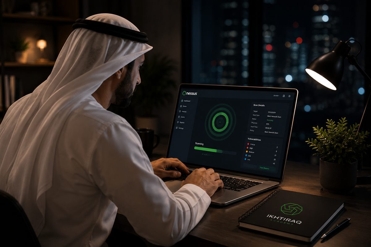 متدرّب يفحص الثغرات عبر Nessus داخل مختبر اختراق أكاديمي
